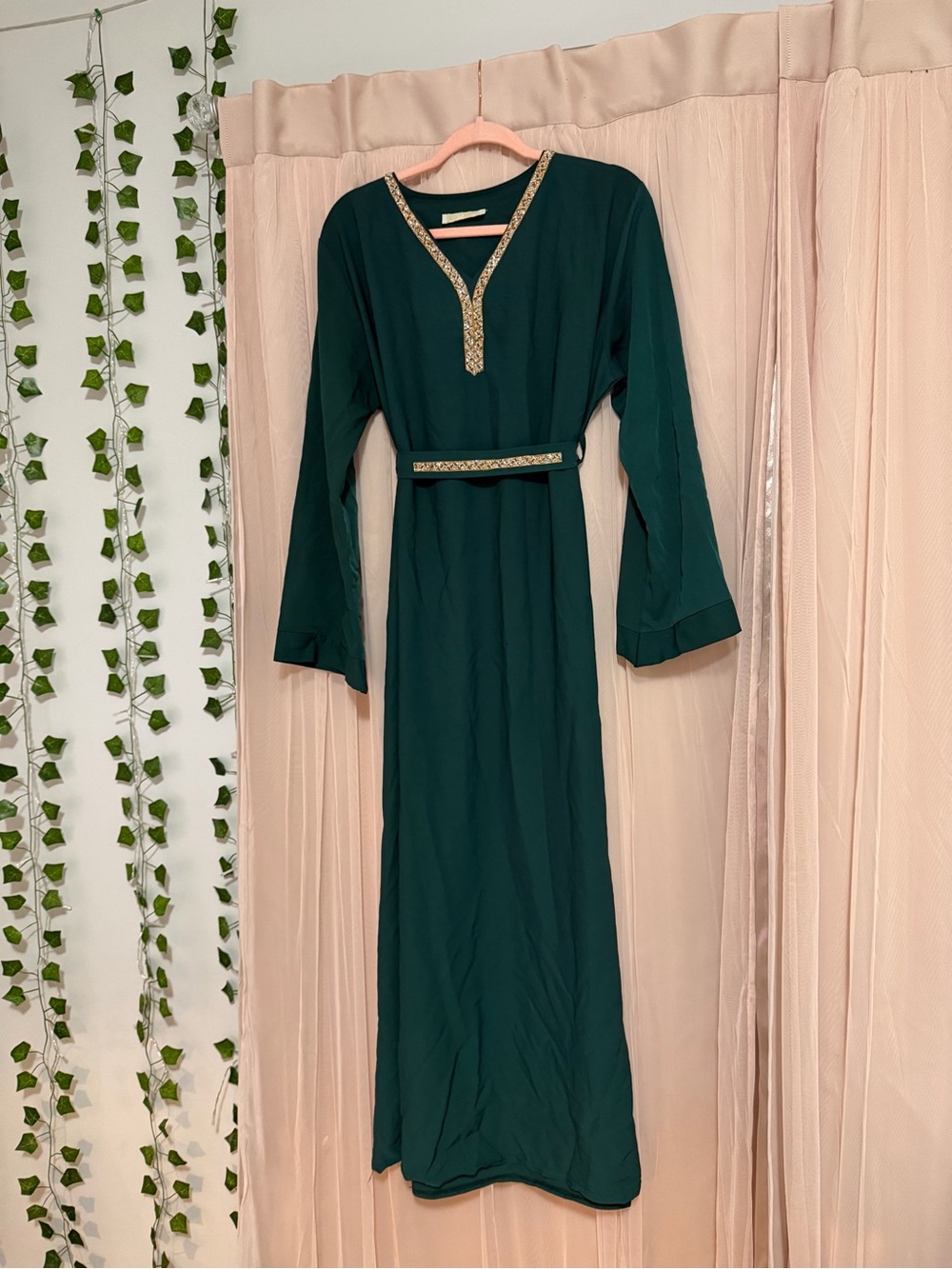 Elegant Dark Green Abaya with Gold Trim